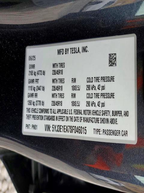 Aukcja sprzedaży 2025 Tesla Model 3, vin: 5YJ3E1EA7SF046015, numer aukcji: 76826115