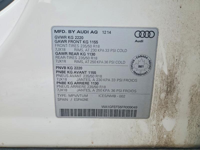 Продаж на аукціоні авто 2015 Audi Q3, vin: WA1GFEFS5FR009049, номер лоту: 77753525