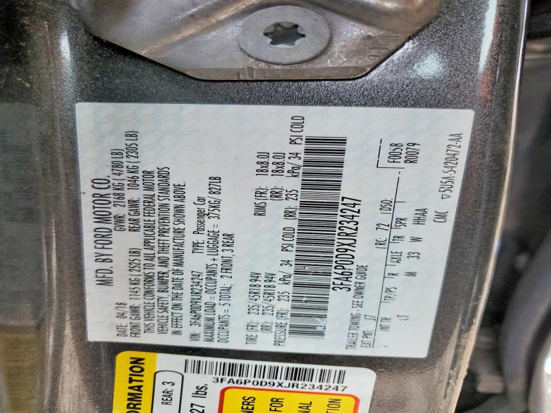 2018 Ford Fusion მანქანა იყიდება აუქციონზე, vin: 3FA6P0D9XJR234247, აუქციონის ნომერი: 79037975