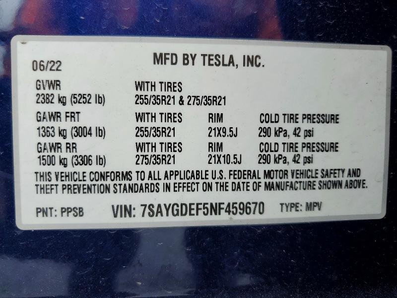 Продажа на аукционе авто 2022 Tesla Model Y, vin: 7SAYGDEF5NF459670, номер лота: 76939435