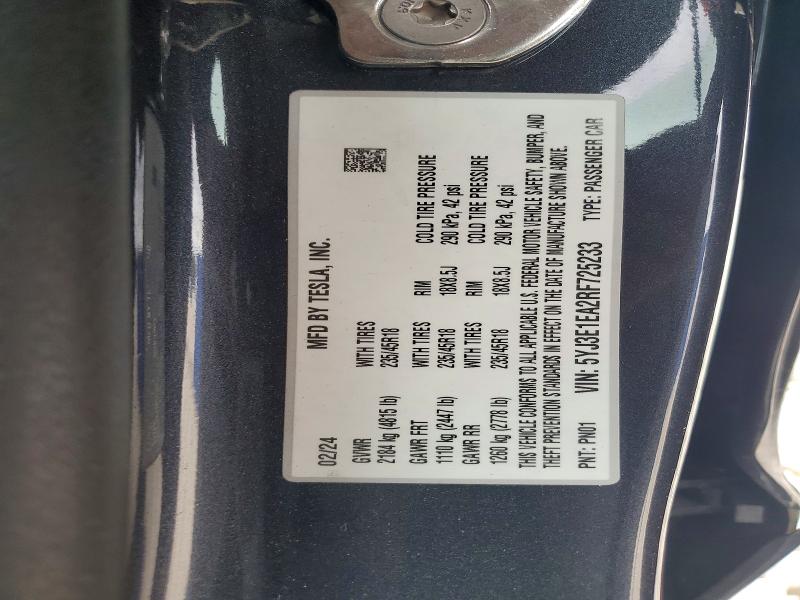 2024 Tesla Model 3 მანქანა იყიდება აუქციონზე, vin: 5YJ3E1EA2RF725233, აუქციონის ნომერი: 74641805