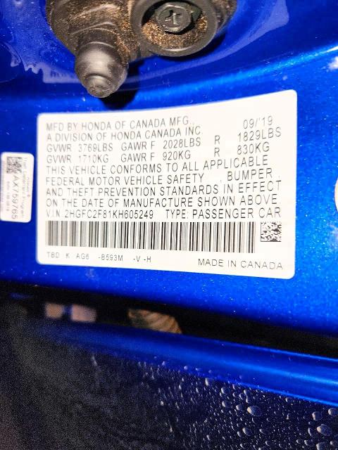 Продаж на аукціоні авто 2019 Honda Civic, vin: 2HGFC2F81KH605249, номер лоту: 77173255