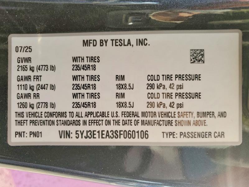 Aukcja sprzedaży 2025 Tesla Model 3, vin: 5YJ3E1EA3SF060106, numer aukcji: 79215805