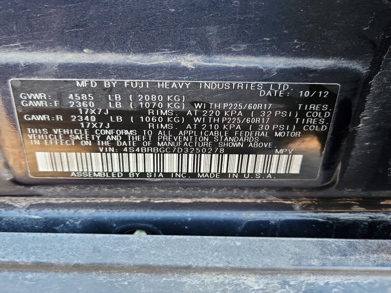 2013 Subaru Outback მანქანა იყიდება აუქციონზე, vin: 4S4BRBGC7D3250278, აუქციონის ნომერი: 79427825