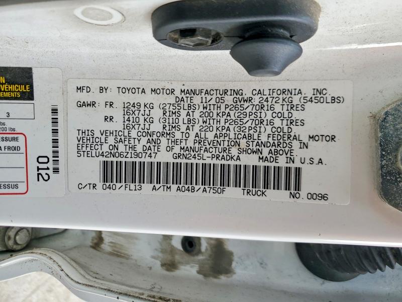 2006 Toyota Tacoma მანქანა იყიდება აუქციონზე, vin: 5TELU42N06Z190747, აუქციონის ნომერი: 46928896