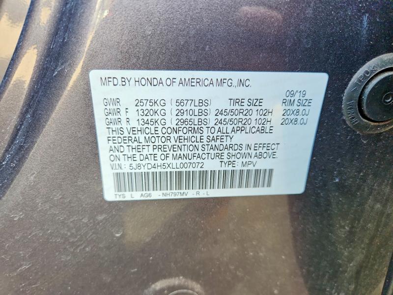 79101215 :رقم المزاد ، 5J8YD4H5XLL007072 vin ، 2020 Acura Mdx مزاد بيع