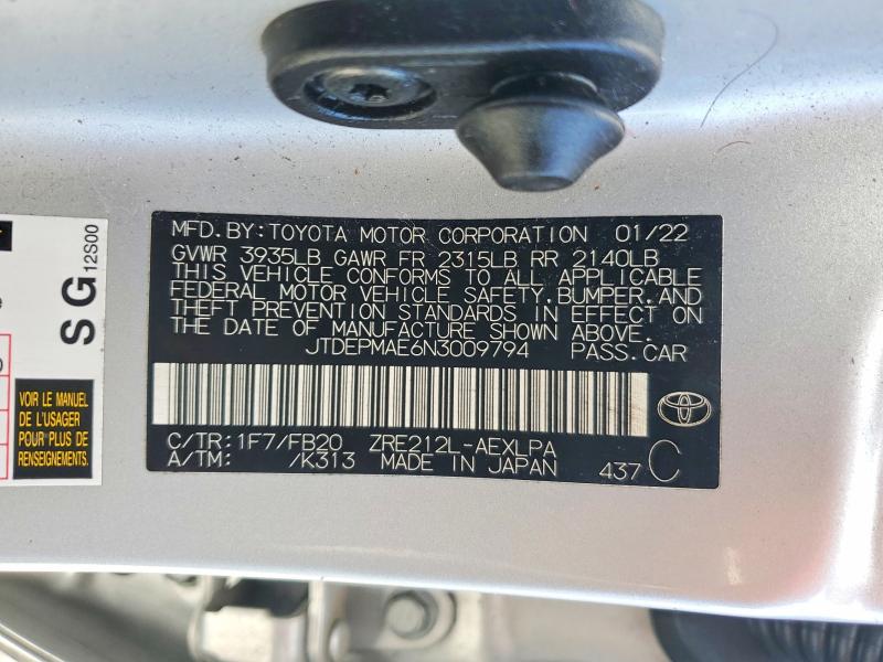 Aukcja sprzedaży 2022 Toyota Corolla, vin: JTDEPMAE6N3009794, numer aukcji: 78613275