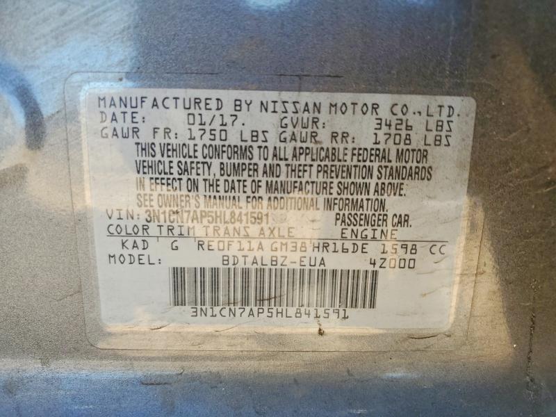 2017 Nissan Versa მანქანა იყიდება აუქციონზე, vin: 3N1CN7AP5HL841591, აუქციონის ნომერი: 79087225