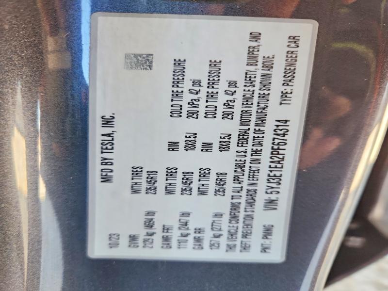 Aukcja sprzedaży 2023 Tesla Model 3, vin: 5YJ3E1EA2PF674314, numer aukcji: 78503475