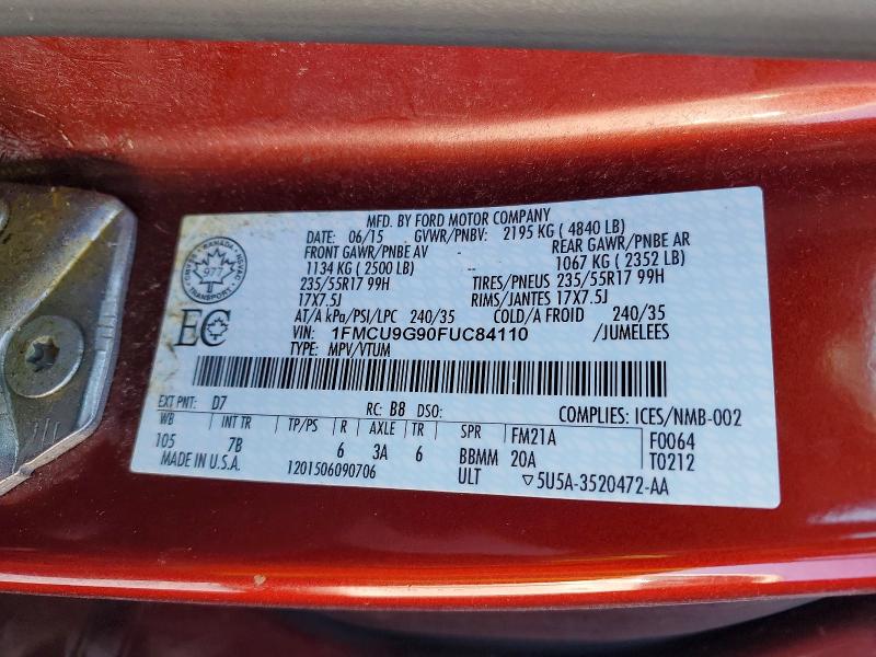 2015 Ford Escape მანქანა იყიდება აუქციონზე, vin: 1FMCU9G90FUC84110, აუქციონის ნომერი: 77281055