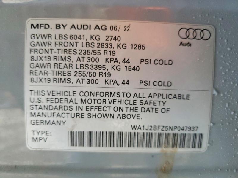 2022 Audi Q4 E-tron მანქანა იყიდება აუქციონზე, vin: WA1J2BFZ5NP047937, აუქციონის ნომერი: 76075005