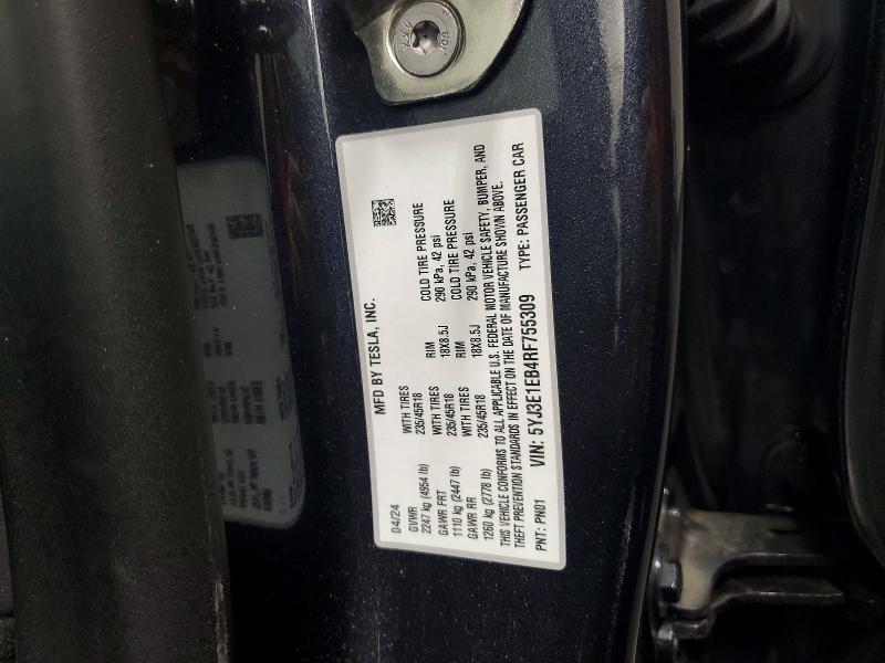 2024 Tesla Model 3 მანქანა იყიდება აუქციონზე, vin: 5YJ3E1EB4RF755309, აუქციონის ნომერი: 76257235