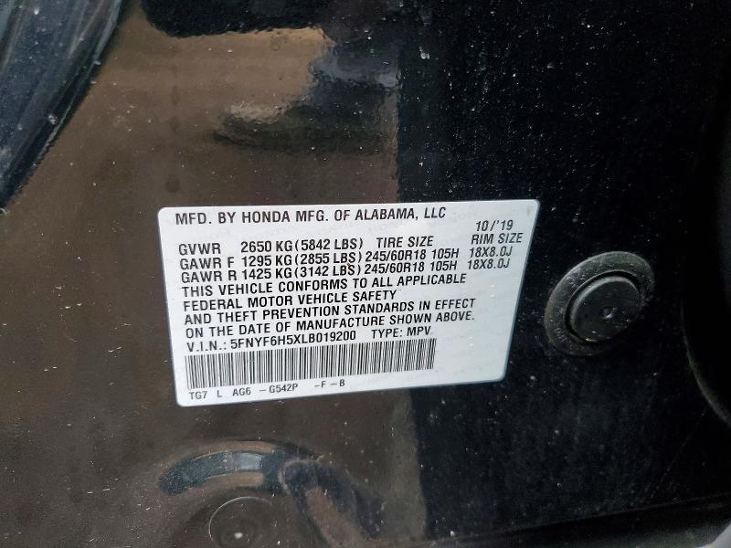 76955025 :رقم المزاد ، 5FNYF6H5XLB019200 vin ، 2020 Honda Pilot مزاد بيع