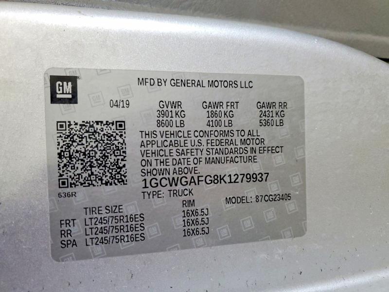 76330835 :رقم المزاد ، 1GCWGAFG8K1279937 vin ، 2019 Chevrolet Express G2 مزاد بيع