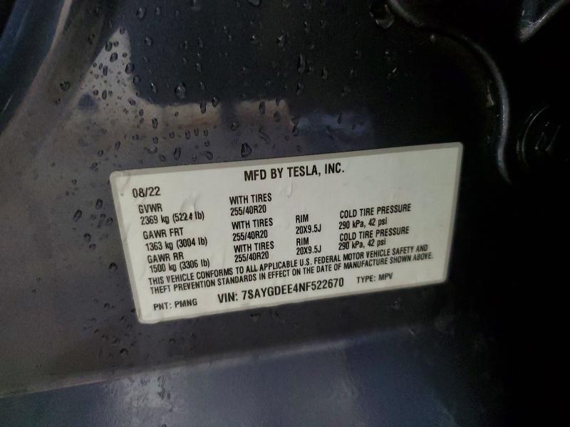 74586945 :رقم المزاد ، 7SAYGDEE4NF522670 vin ، 2022 Tesla Model Y مزاد بيع