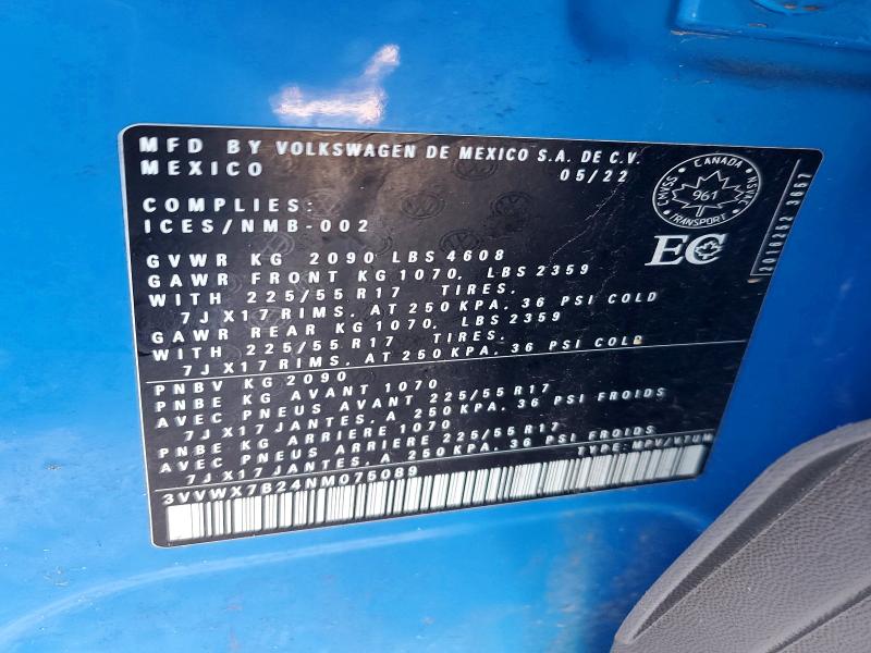 Aukcja sprzedaży 2022 Volkswagen Taos, vin: 3VVWX7B24NM075089, numer aukcji: 75557555