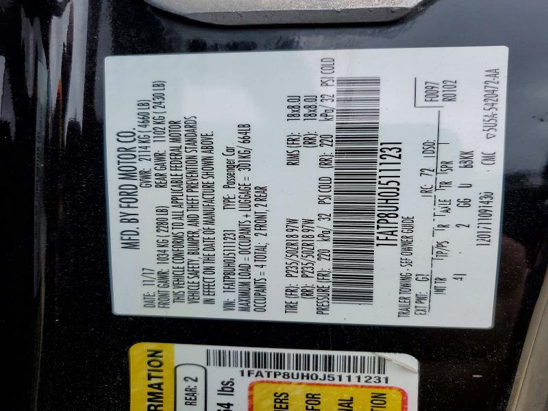 Продажа на аукционе авто 2018 Ford Mustang, vin: 1FATP8UH0J5111231, номер лота: 78614105