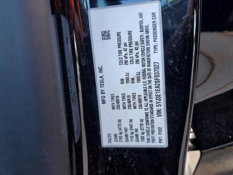 2025 Tesla Model 3 მანქანა იყიდება აუქციონზე, vin: 5YJ3E1EA2SF037027, აუქციონის ნომერი: 75991835