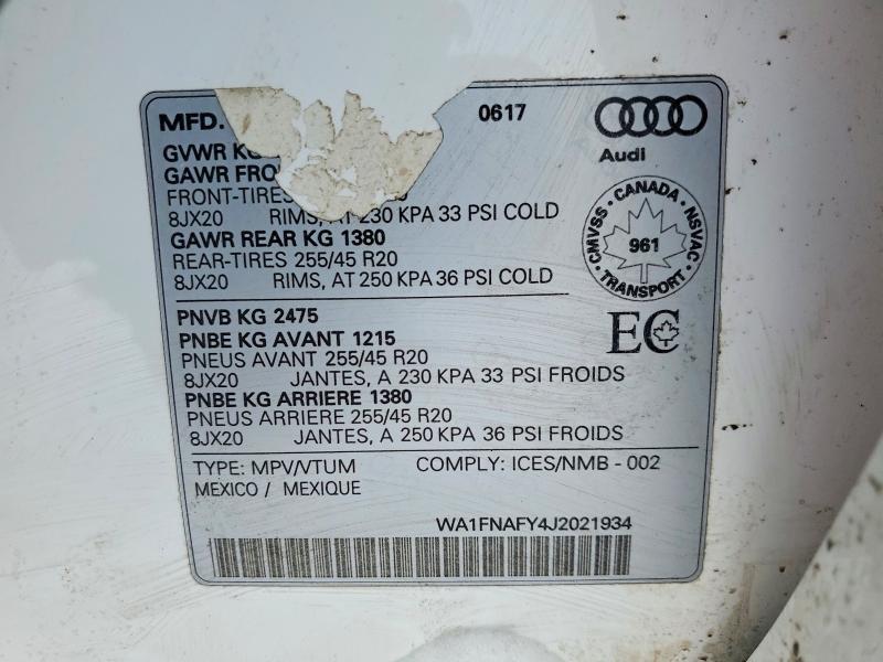 2018 Audi Q5 მანქანა იყიდება აუქციონზე, vin: WA1FNAFY4J2021934, აუქციონის ნომერი: 75908845