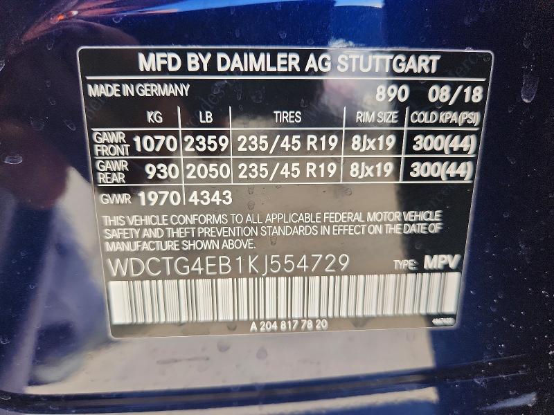 78148875 :رقم المزاد ، WDCTG4EB1KJ554729 vin ، 2019 Mercedes-benz Gla مزاد بيع