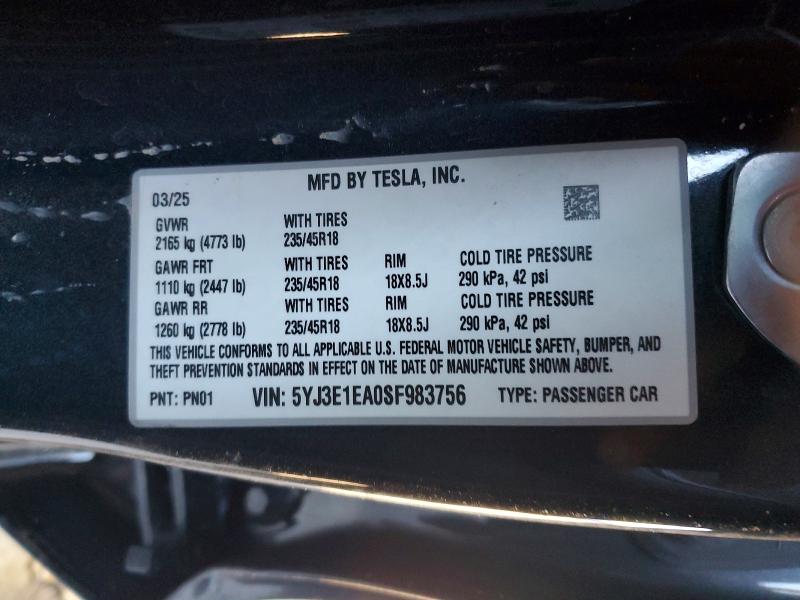 Aukcja sprzedaży 2025 Tesla Model 3, vin: 5YJ3E1EA0SF983756, numer aukcji: 78285575