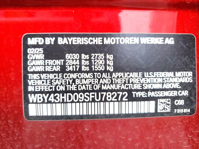 2025 Bmw I4 მანქანა იყიდება აუქციონზე, vin: WBY43HD09SFU78272, აუქციონის ნომერი: 78370405