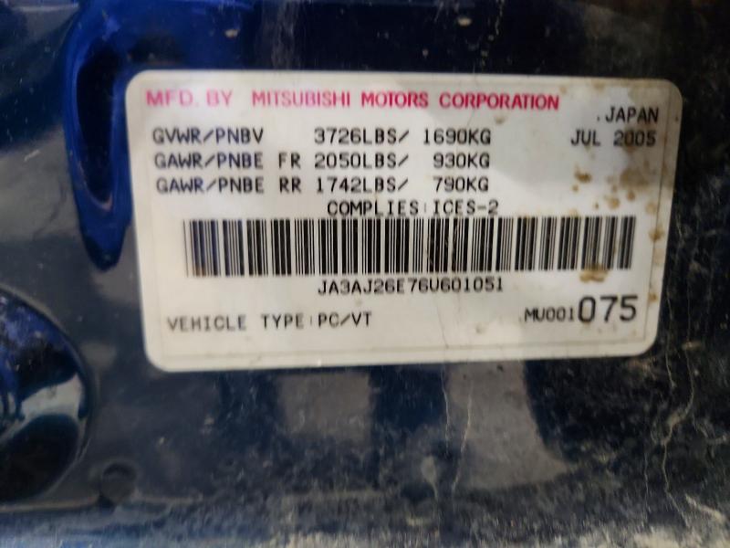 Aukcja sprzedaży 2006 Mitsubishi Lancer, vin: JA3AJ26E76U601051, numer aukcji: 76747185