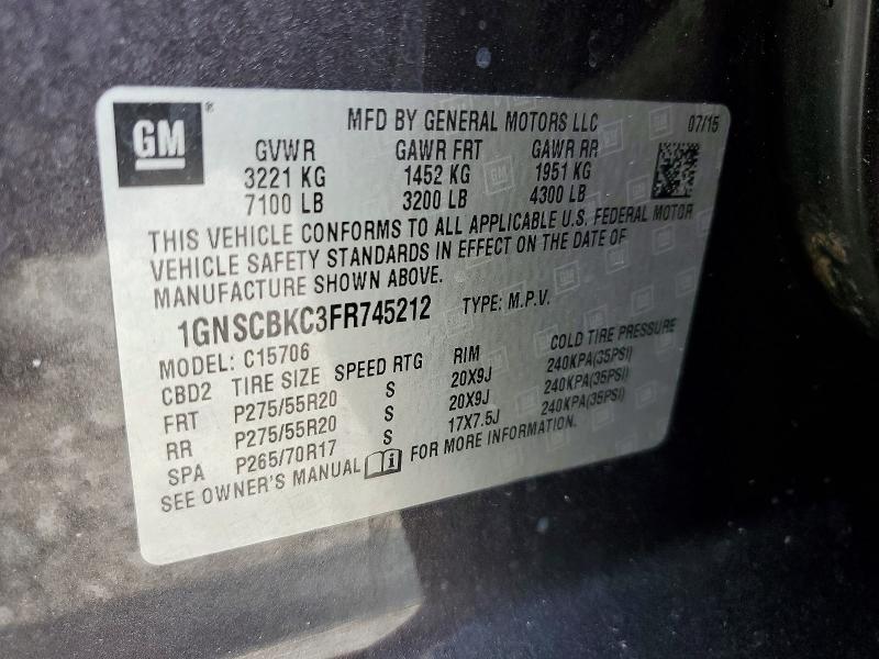 77929975 :رقم المزاد ، 1GNSCBKC3FR745212 vin ، 2015 Chevrolet Tahoe مزاد بيع