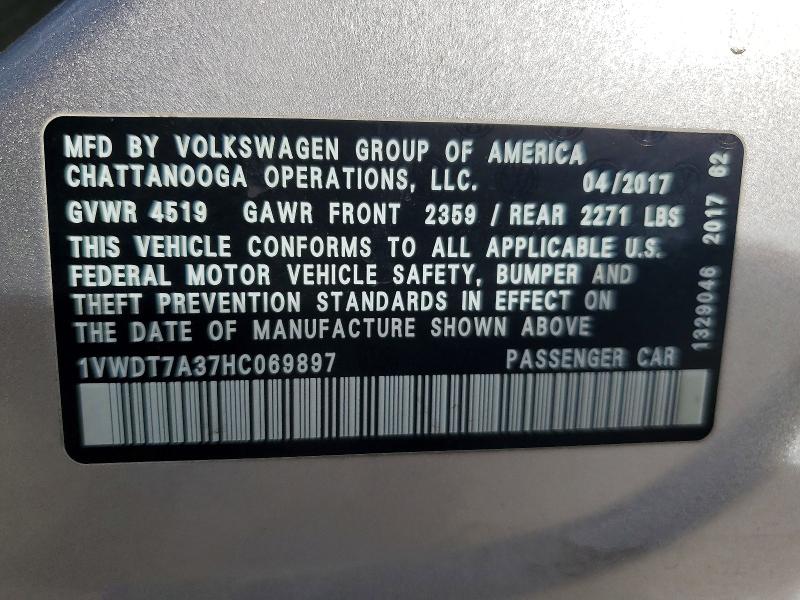 Aukcja sprzedaży 2017 Volkswagen Passat, vin: 1VWDT7A37HC069897, numer aukcji: 78911015