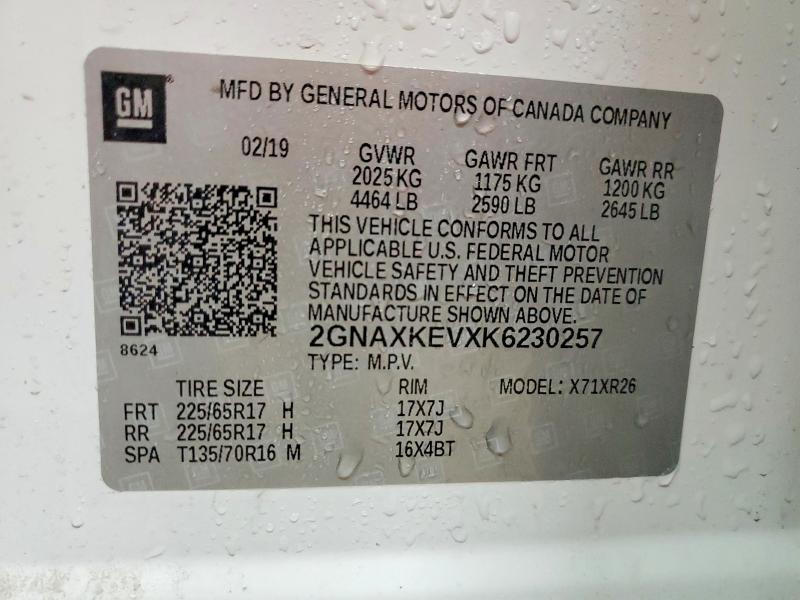 Aukcja sprzedaży 2019 Chevrolet Equinox, vin: 2GNAXKEVXK6230257, numer aukcji: 78048965