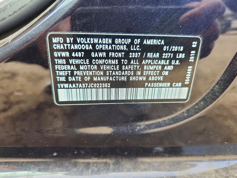Продажа на аукционе авто 2018 Volkswagen Passat, vin: 1VWAA7A37JC022352, номер лота: 77577115