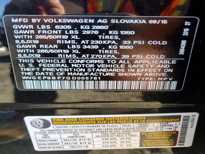 76841065 :رقم المزاد ، WVGEP9BP7GD005761 vin ، 2016 Volkswagen Touareg مزاد بيع
