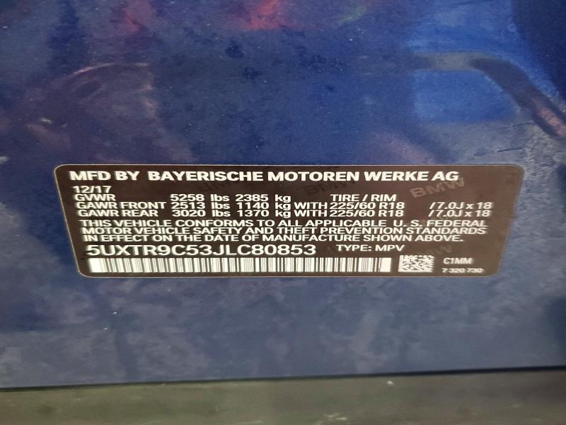 2018 Bmw X3 მანქანა იყიდება აუქციონზე, vin: 5UXTR9C53JLC80853, აუქციონის ნომერი: 77762265