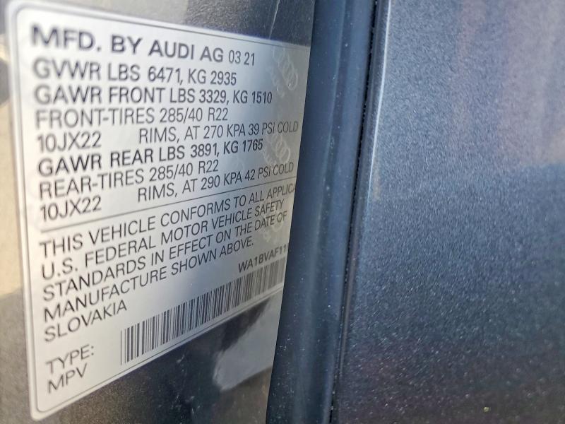 2021 Audi Q8 მანქანა იყიდება აუქციონზე, vin: WA1BVAF11MD031606, აუქციონის ნომერი: 78474745