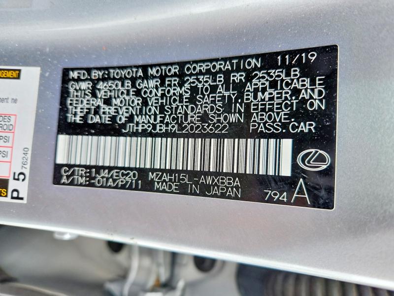 75367895 :رقم المزاد ، JTHP9JBH9L2023622 vin ، 2020 Lexus Ux 250h مزاد بيع