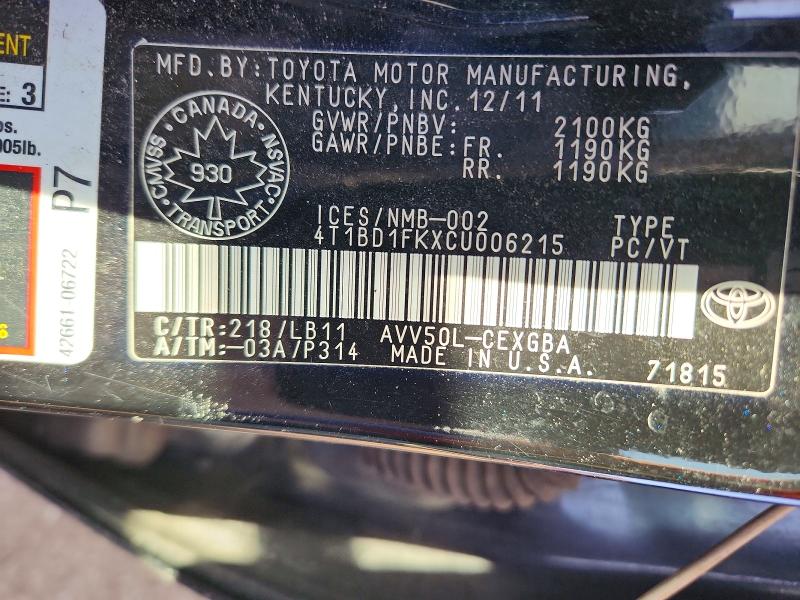 Продажа на аукционе авто 2012 Toyota Camry Hybr, vin: 4T1BD1FKXCU006215, номер лота: 77576605