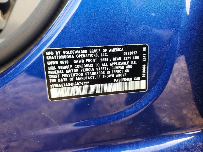 Aukcja sprzedaży 2017 Volkswagen Passat, vin: 1VWAT7A34HC074722, numer aukcji: 78110785