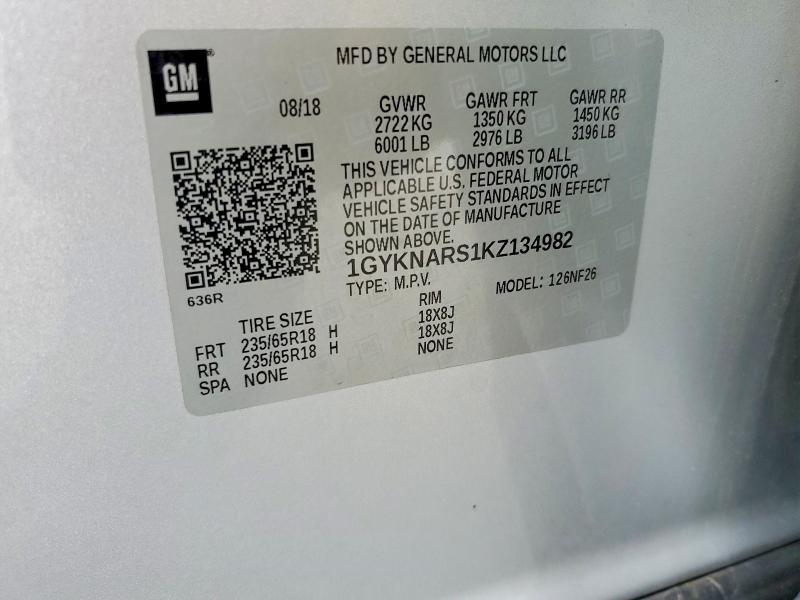 2019 Cadillac Xt5 მანქანა იყიდება აუქციონზე, vin: 1GYKNARS1KZ134982, აუქციონის ნომერი: 76225475
