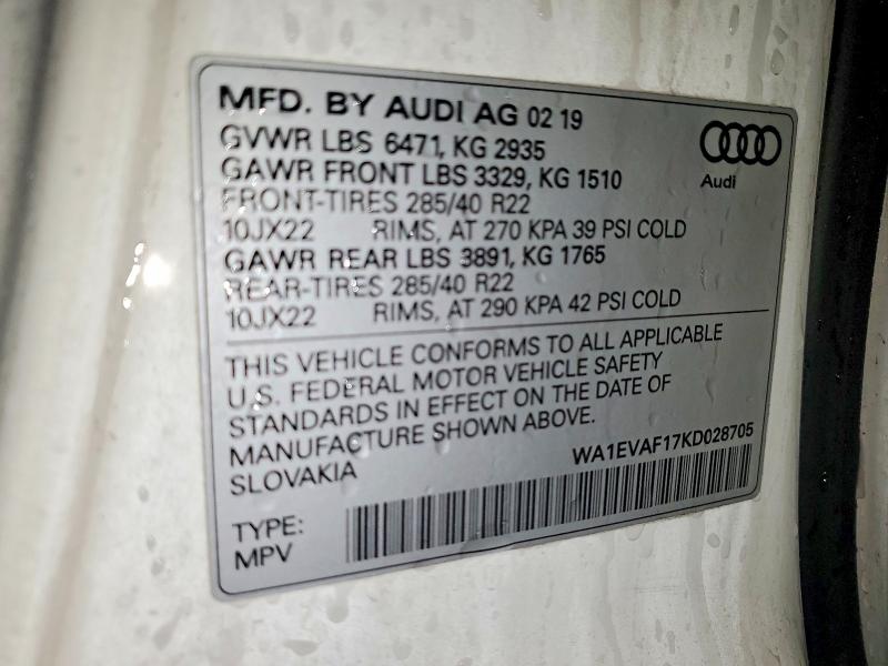 Aukcja sprzedaży 2019 Audi Q8, vin: WA1EVAF17KD028705, numer aukcji: 74284065