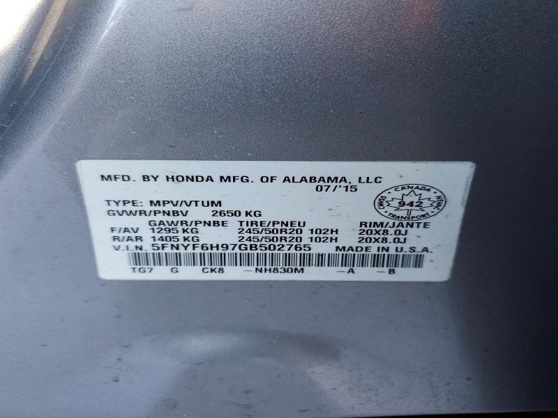Aukcja sprzedaży 2016 Honda Pilot, vin: 5FNYF6H97GB502765, numer aukcji: 76725465