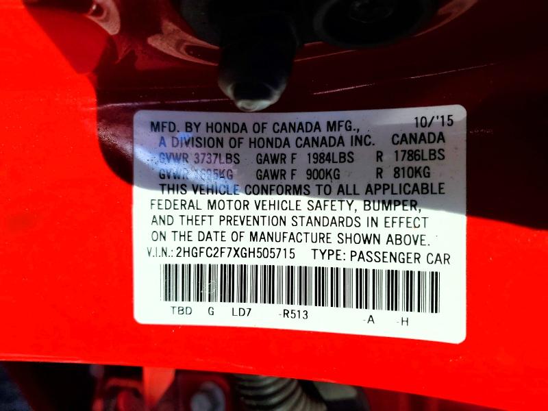 76885455 :رقم المزاد ، 2HGFC2F7XGH505715 vin ، 2016 Honda Civic مزاد بيع