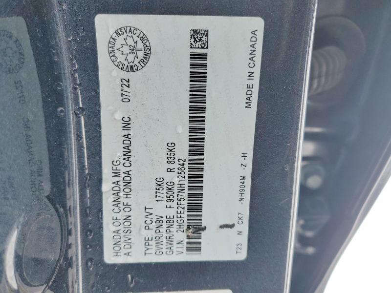 76687855 :رقم المزاد ، 2HGFE2F57NH125642 vin ، 2022 Honda Civic مزاد بيع