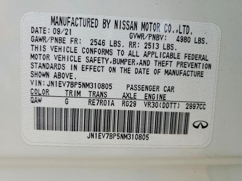 Aukcja sprzedaży 2022 Infiniti Q50, vin: JN1EV7BP5NM310805, numer aukcji: 75892755