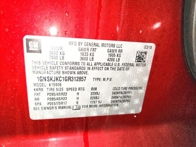 Aukcja sprzedaży 2016 Chevrolet Suburban, vin: 1GNSKJKC1GR312857, numer aukcji: 76182945