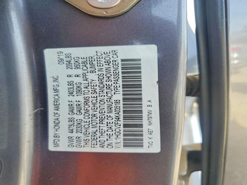 Aukcja sprzedaży 2019 Honda Accord, vin: 1HGCV2F94KA035185, numer aukcji: 78996035