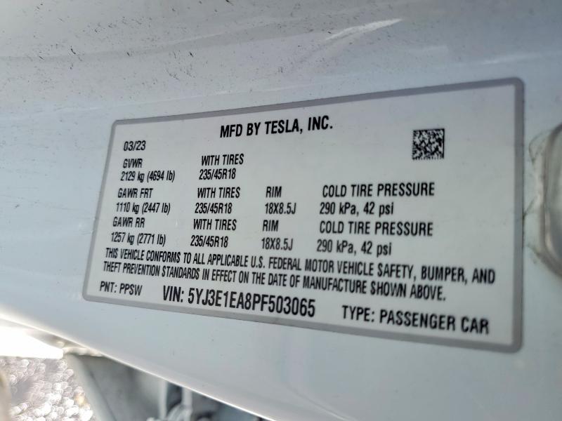 Aukcja sprzedaży 2023 Tesla Model 3, vin: 5YJ3E1EA8PF503065, numer aukcji: 77016455