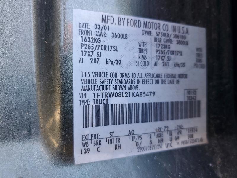 Auction sale of the 2001 Ford F150, vin: 1FTRW08L21KA85479, lot number: 75445295