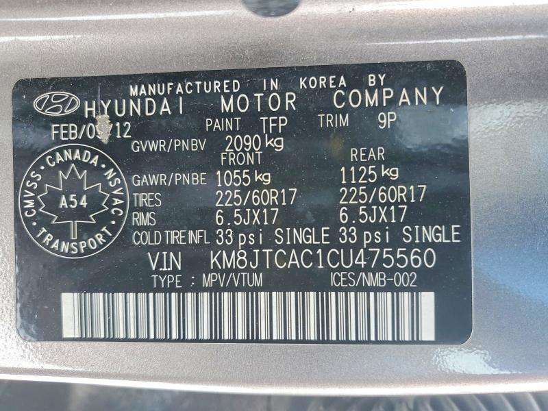 Продажа на аукционе авто 2012 Hyundai Tucson Gl, vin: KM8JTCAC1CU475560, номер лота: 73991565