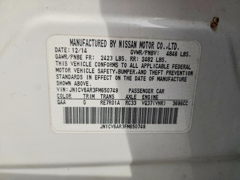 76861895 :رقم المزاد ، JN1CV6AR3FM650749 vin ، 2015 Infiniti Q40 مزاد بيع