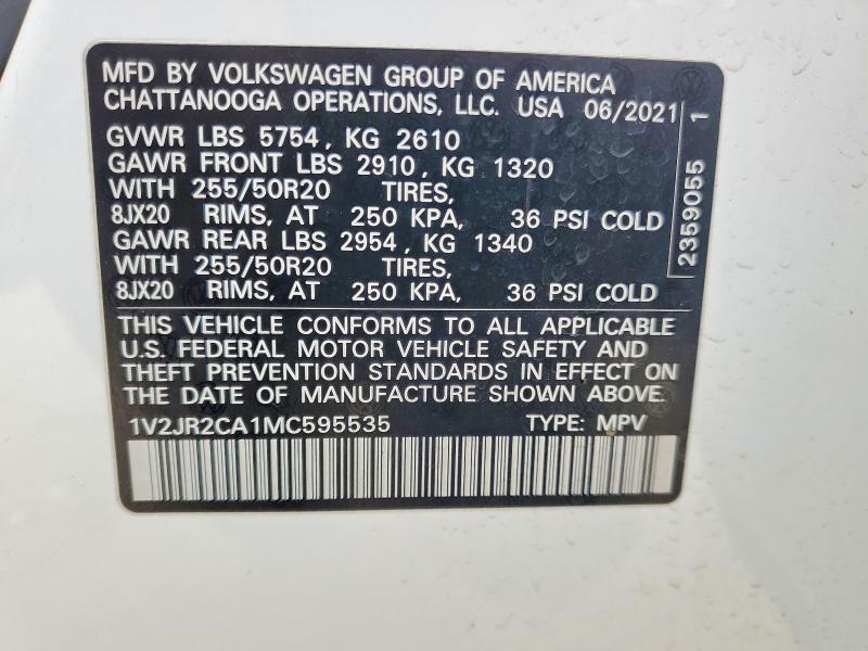 77351065 :رقم المزاد ، 1V2JR2CA1MC595535 vin ، 2021 Volkswagen Atlas مزاد بيع